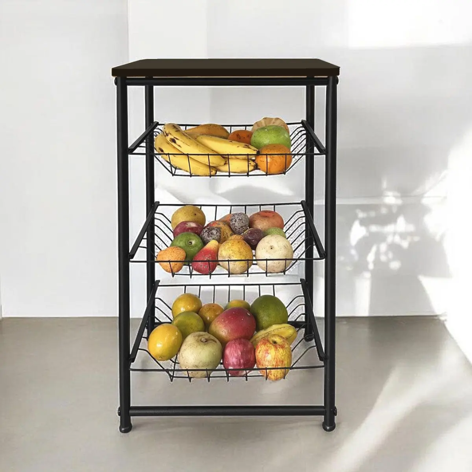 Fruteira Multiuso de Chão 3 Cestos Deslizantes em Aço e Madeira Preto Fosco - Zatto