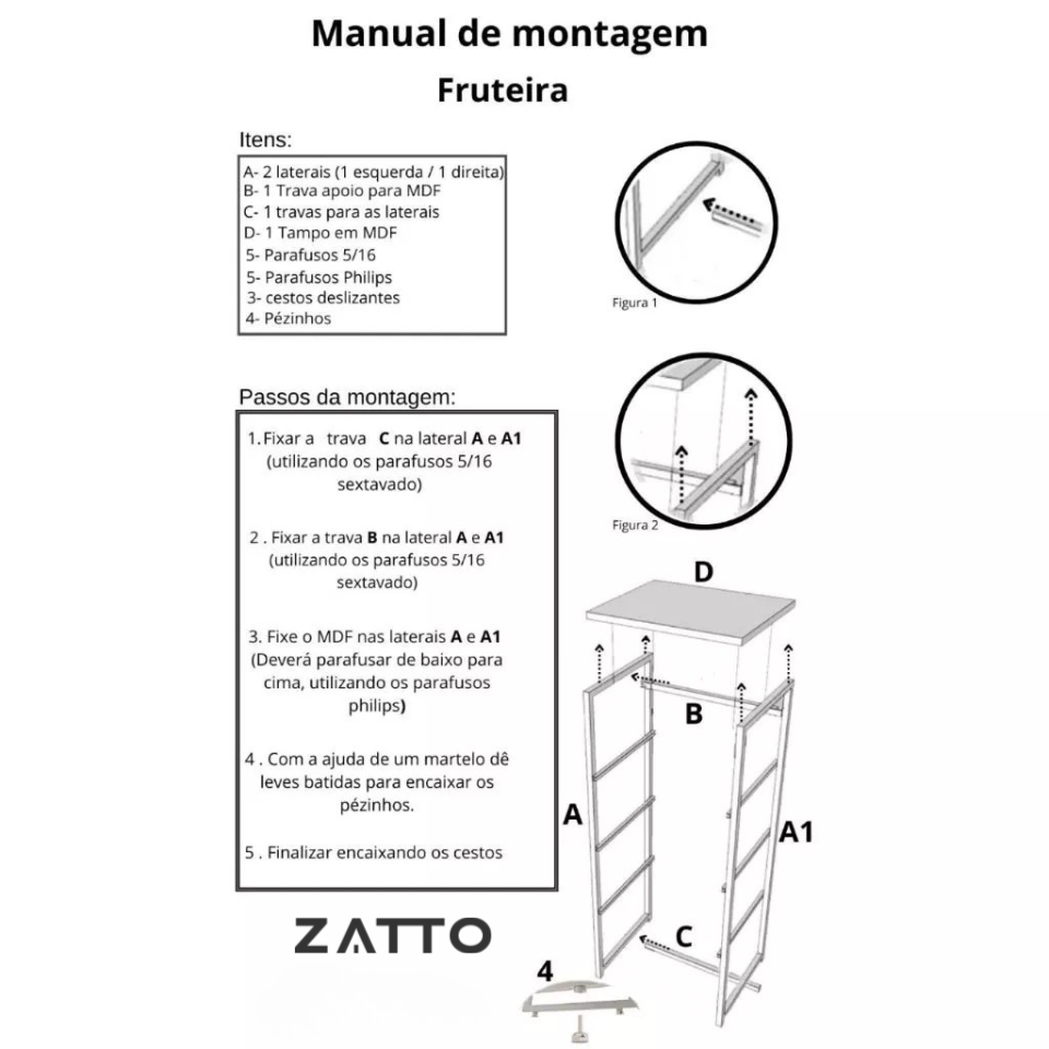 Fruteira Multiuso de Chão 3 Cestos Deslizantes em Aço e Madeira Preto Fosco - Zatto