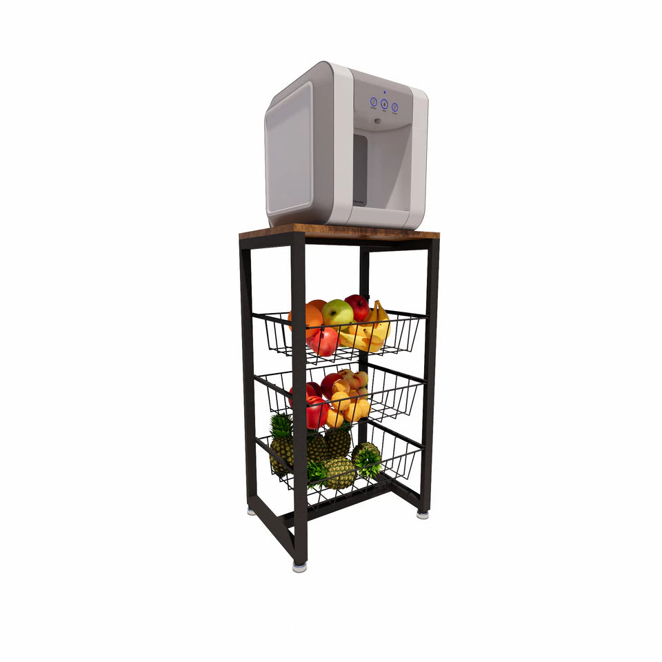 Fruteira Multiuso de Chão 3 Cestos Deslizantes em Aço e Madeira Preto Fosco - Zatto