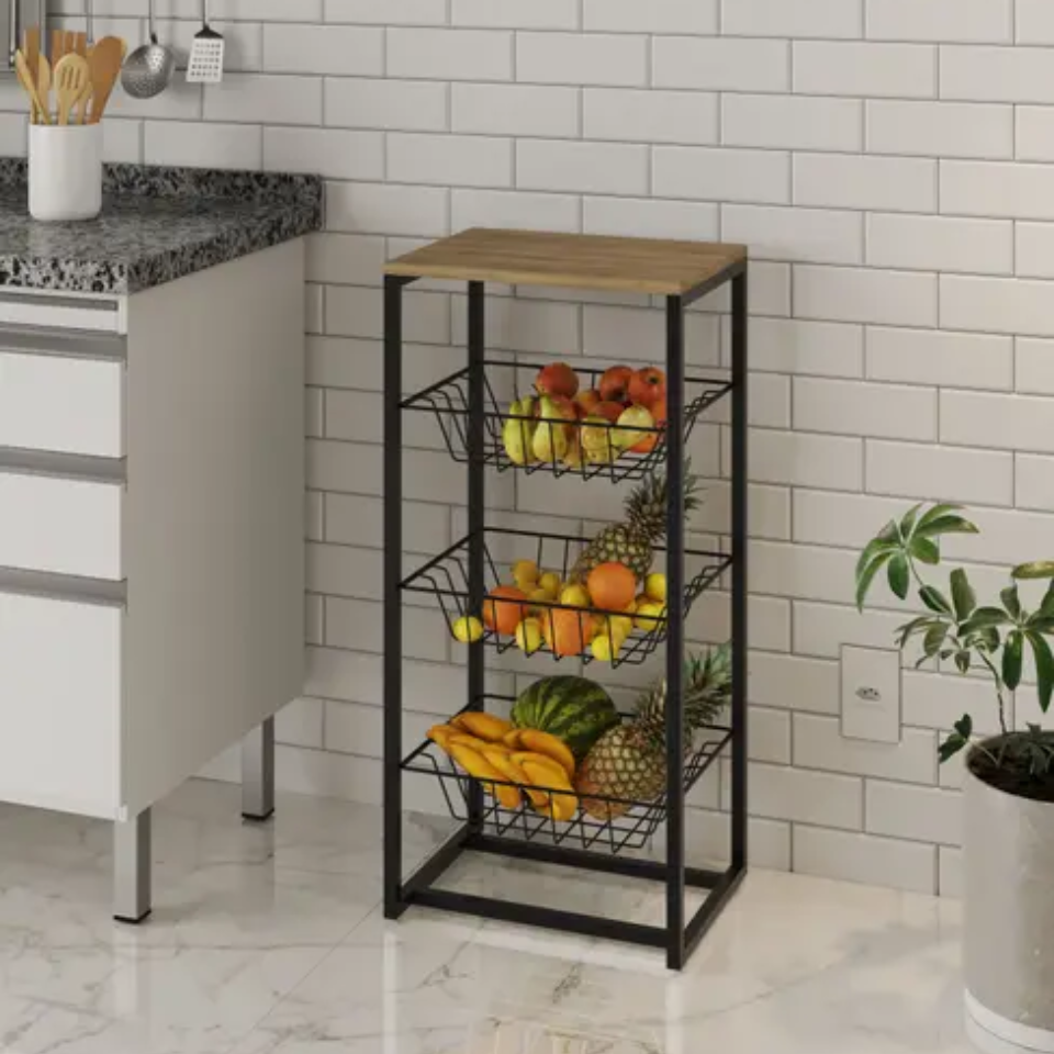 Fruteira Multiuso de Chão 3 Cestos Deslizantes em Aço e Madeira Preto Fosco - Zatto