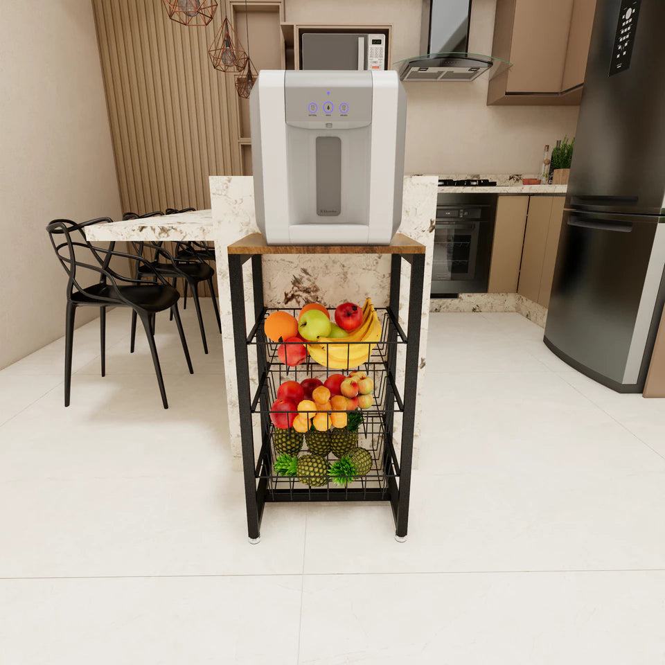 Fruteira Multiuso de Chão 3 Cestos Deslizantes em Aço e Madeira Preto Fosco - Zatto