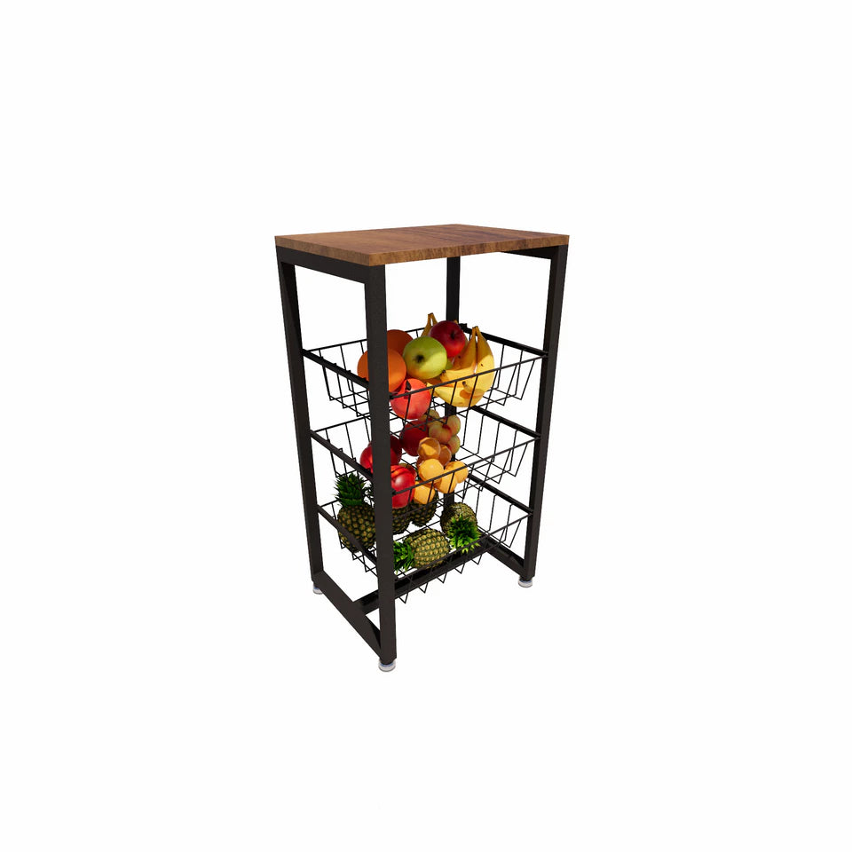 Fruteira Multiuso de Chão 3 Cestos Deslizantes em Aço e Madeira Preto Fosco - Zatto