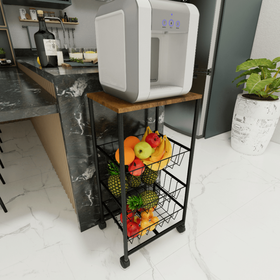 Fruteira Multiuso de Chão 3 Cestos Deslizantes em Aço e Madeira Preto Fosco - Zatto