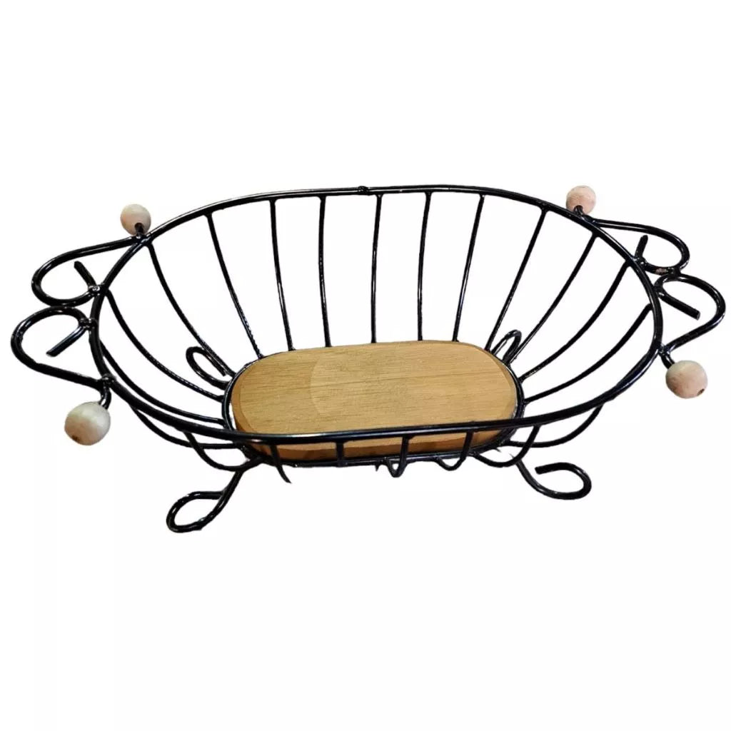 Fruteira Oval Rústica de Bancada Em Ferro e Madeira - Zatto
