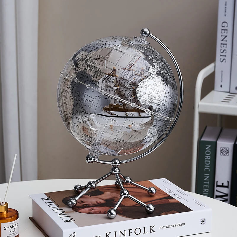 Globo Terrestre Transparente com Navio Veleiro para Decoração - Zatto