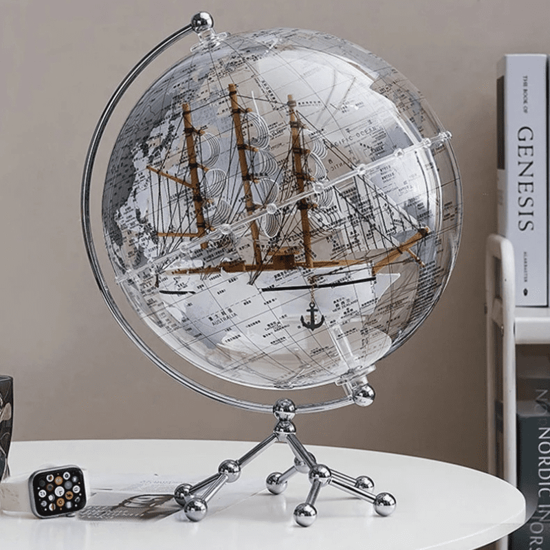 Globo Terrestre Transparente com Navio Veleiro para Decoração - Zatto