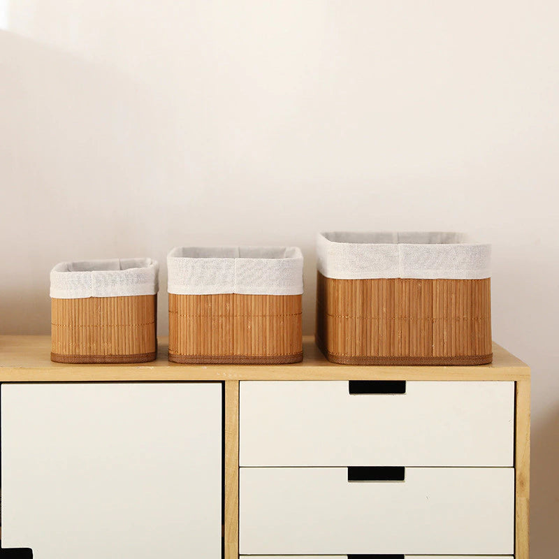 Kit 3 Cestos Organizadores de Bambu Multiuso com Forro - Zatto