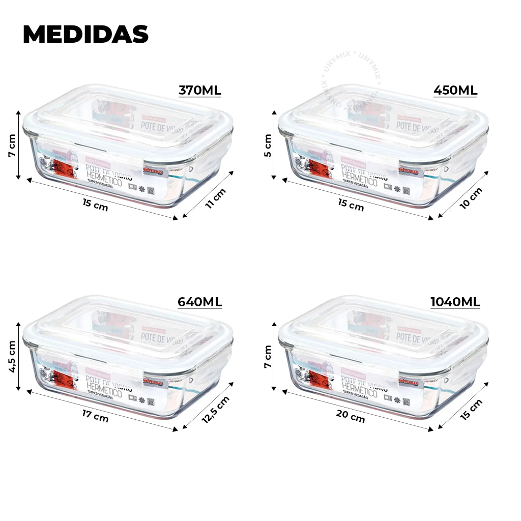 Kit Potes de Vidro Hermético Retangular 5 ou 10 Unidades - Zatto
