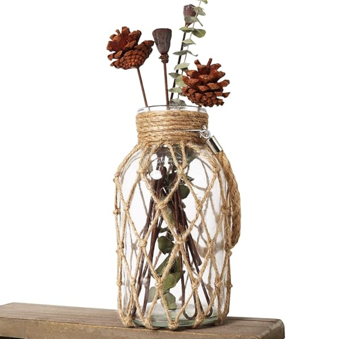Vaso de Vidro Rústico Decorativo com Corda de Cânhamo - Zatto