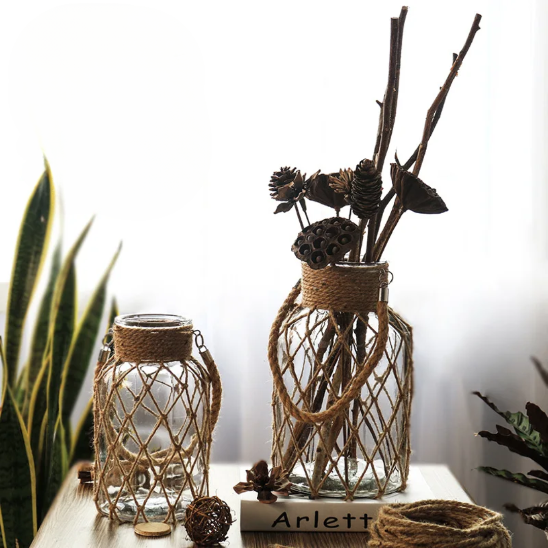 Vaso de Vidro Rústico Decorativo com Corda de Cânhamo - Zatto