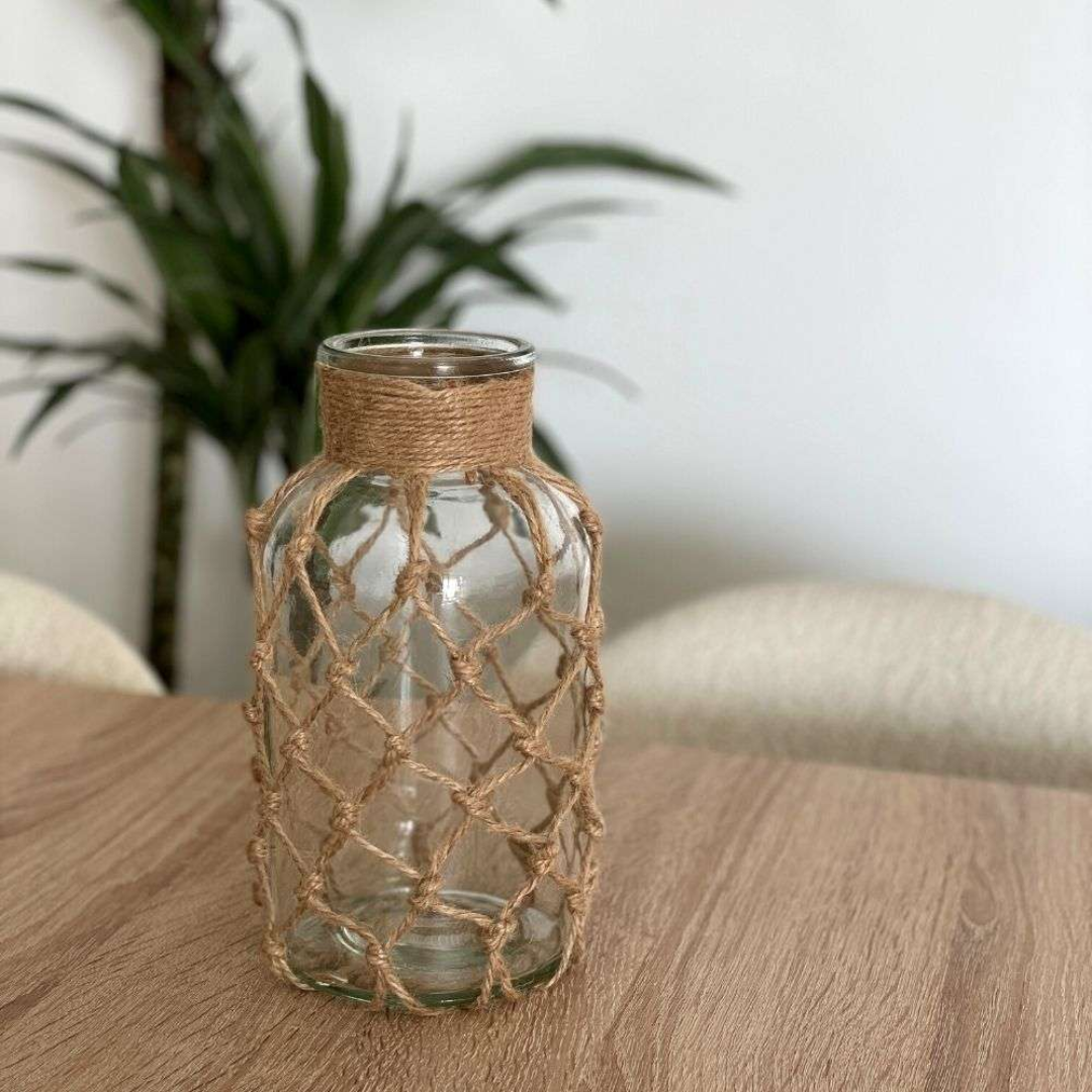 Vaso de Vidro Rústico Decorativo com Corda de Cânhamo - Zatto