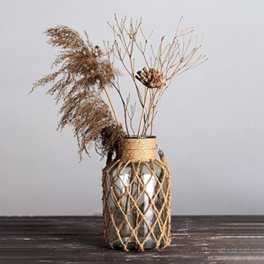 Vaso de Vidro Rústico Decorativo com Corda de Cânhamo - Zatto