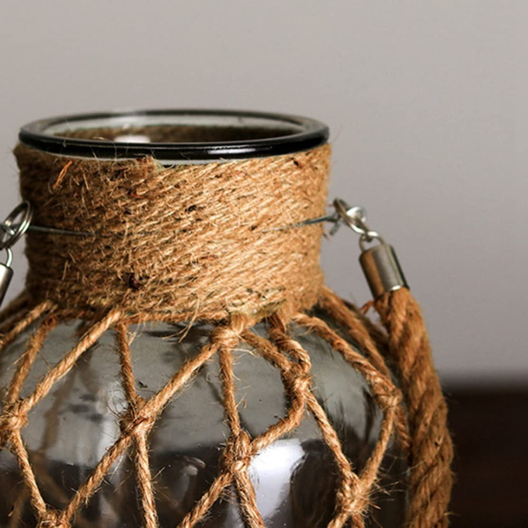 Vaso de Vidro Rústico Decorativo com Corda de Cânhamo - Zatto