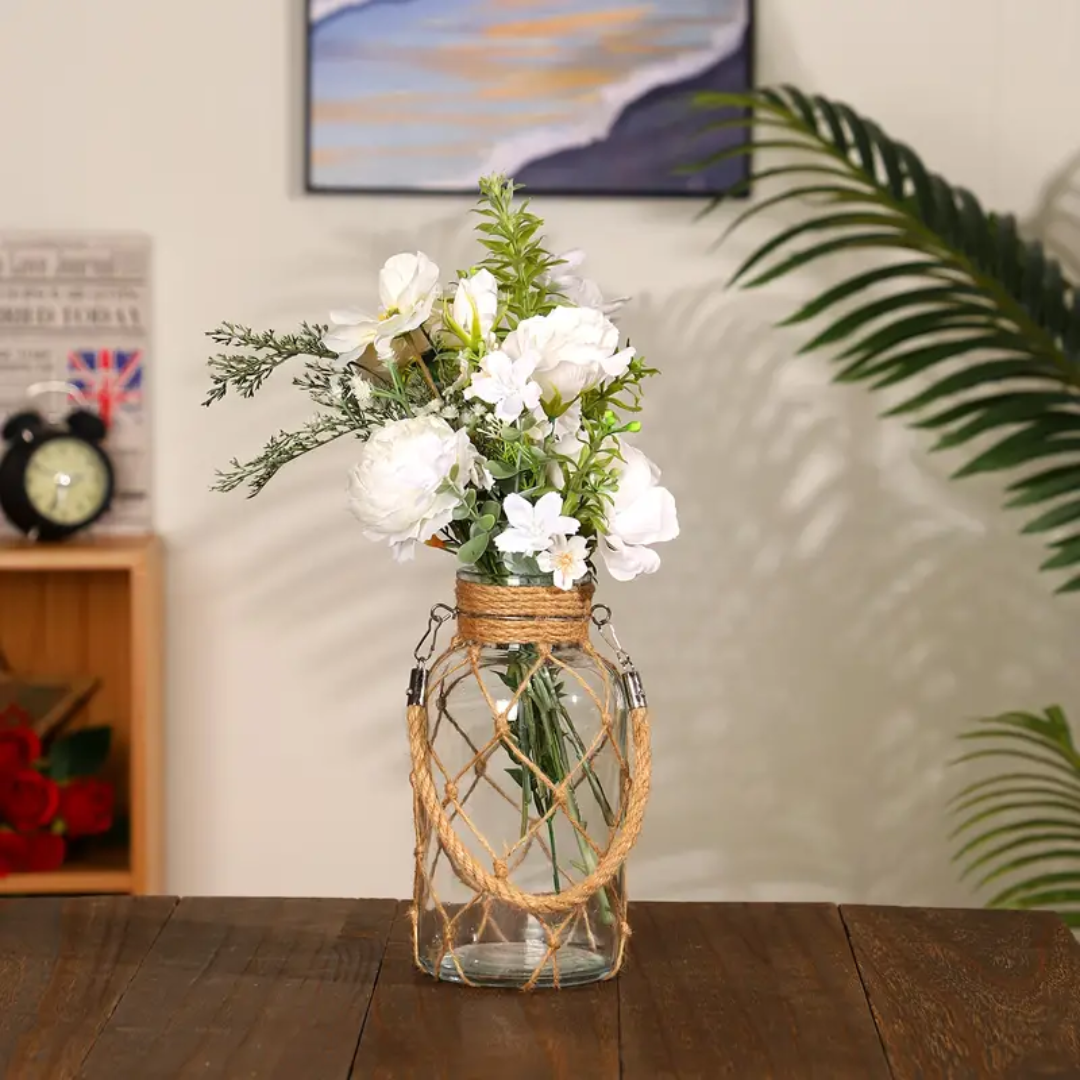 Vaso de Vidro Rústico Decorativo com Corda de Cânhamo - Zatto