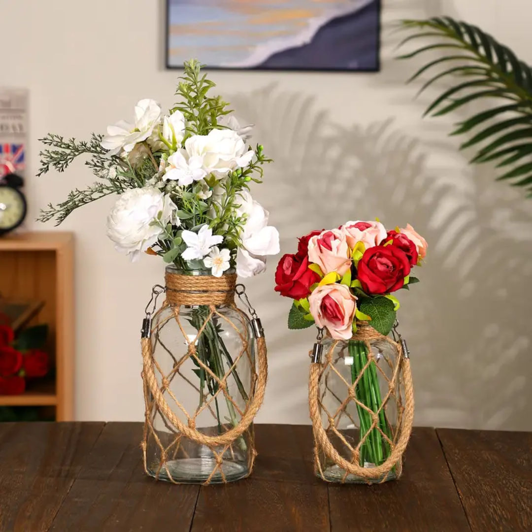 Vaso de Vidro Rústico Decorativo com Corda de Cânhamo - Zatto