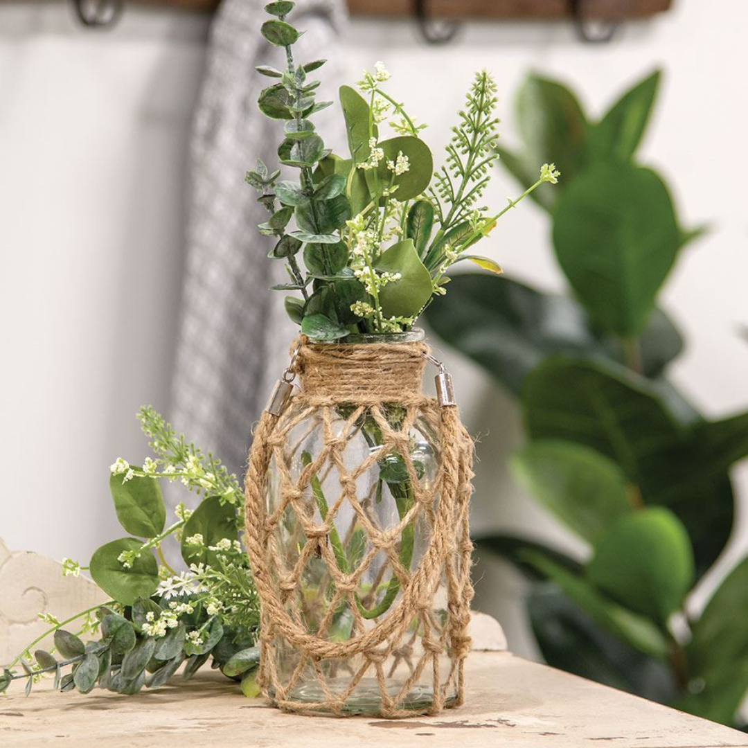 Vaso de Vidro Rústico Decorativo com Corda de Cânhamo - Zatto