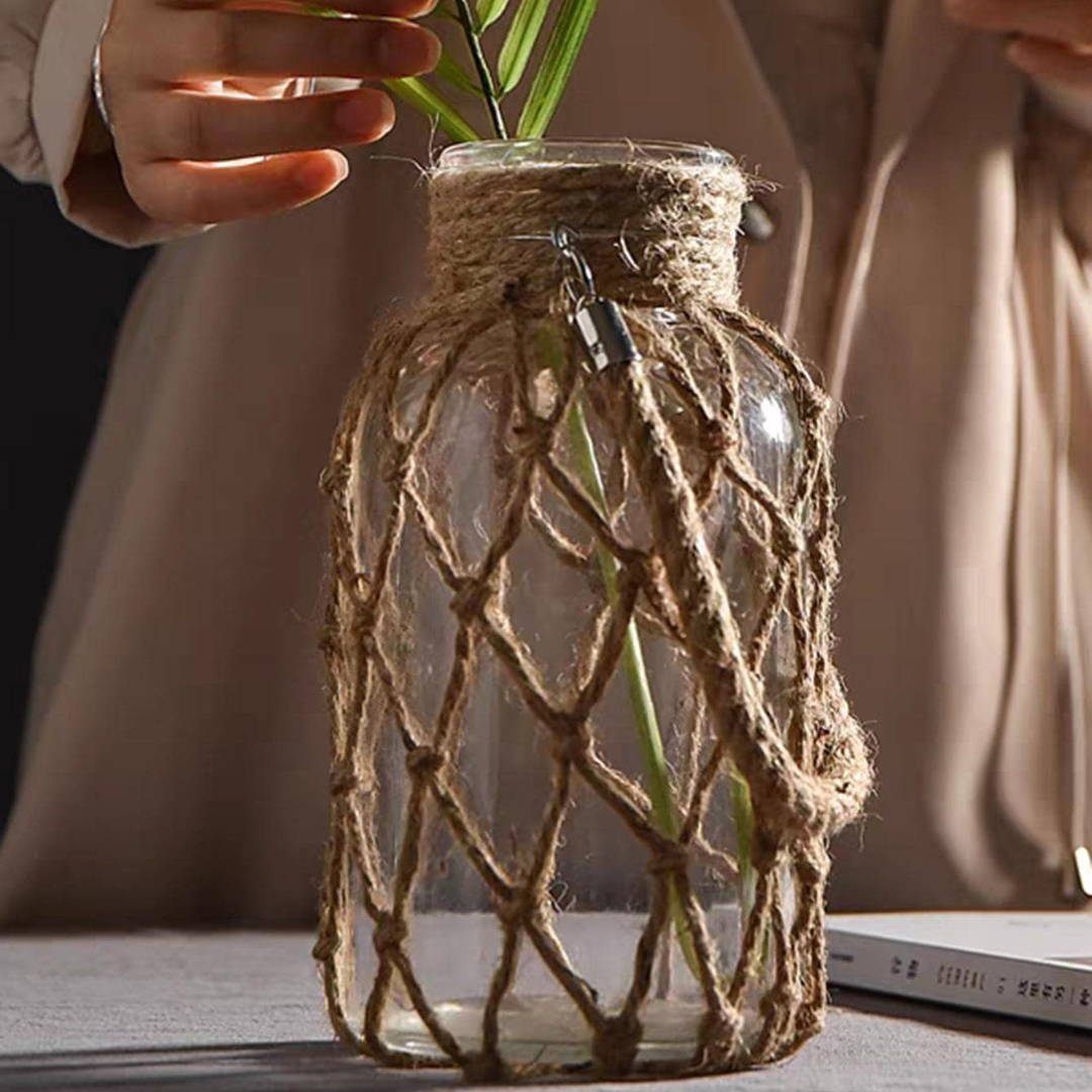 Vaso de Vidro Rústico Decorativo com Corda de Cânhamo - Zatto