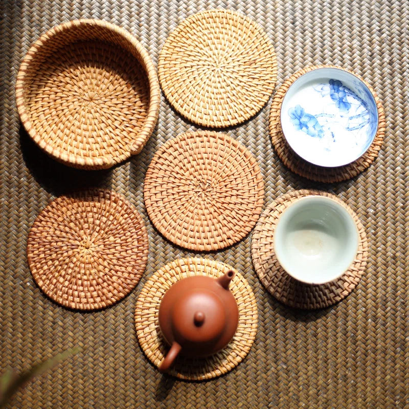 Kit 6 Peças Descanso de Copo de Rattan Trançado - Zatto