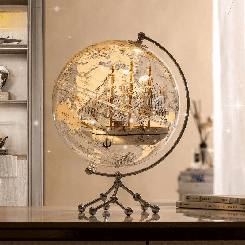 Globo Terrestre Transparente com Navio Veleiro para Decoração - Zatto