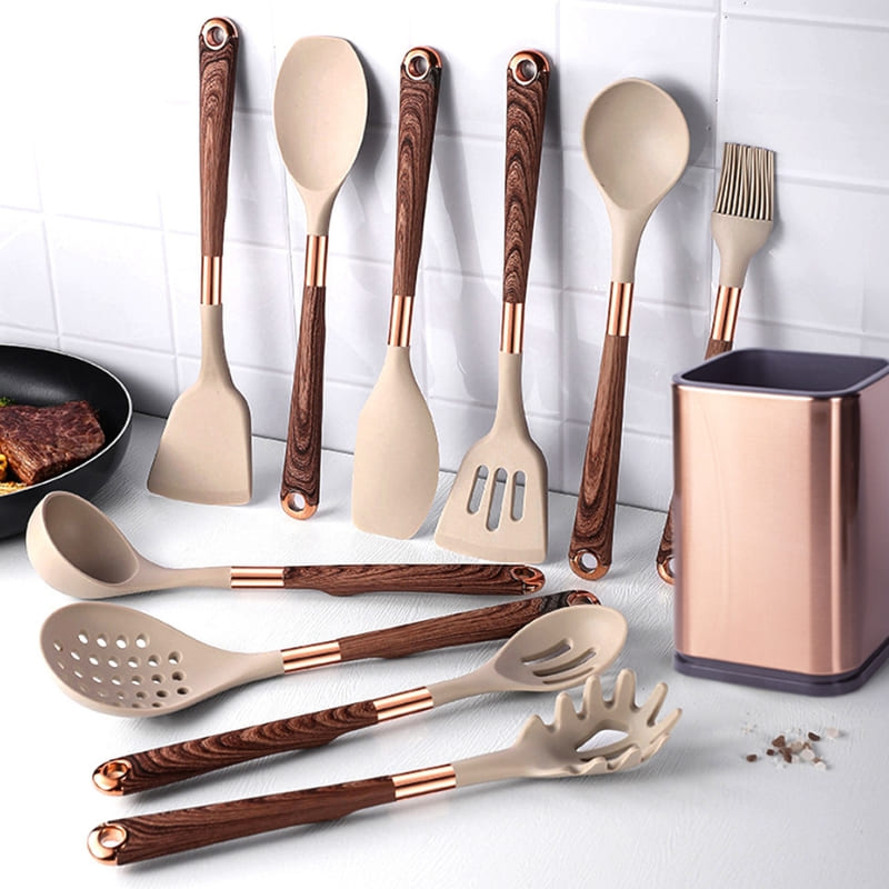 Kit Utensílios de Cozinha Silicone 10 Peças Com Suporte Rosé Inox - Zatto