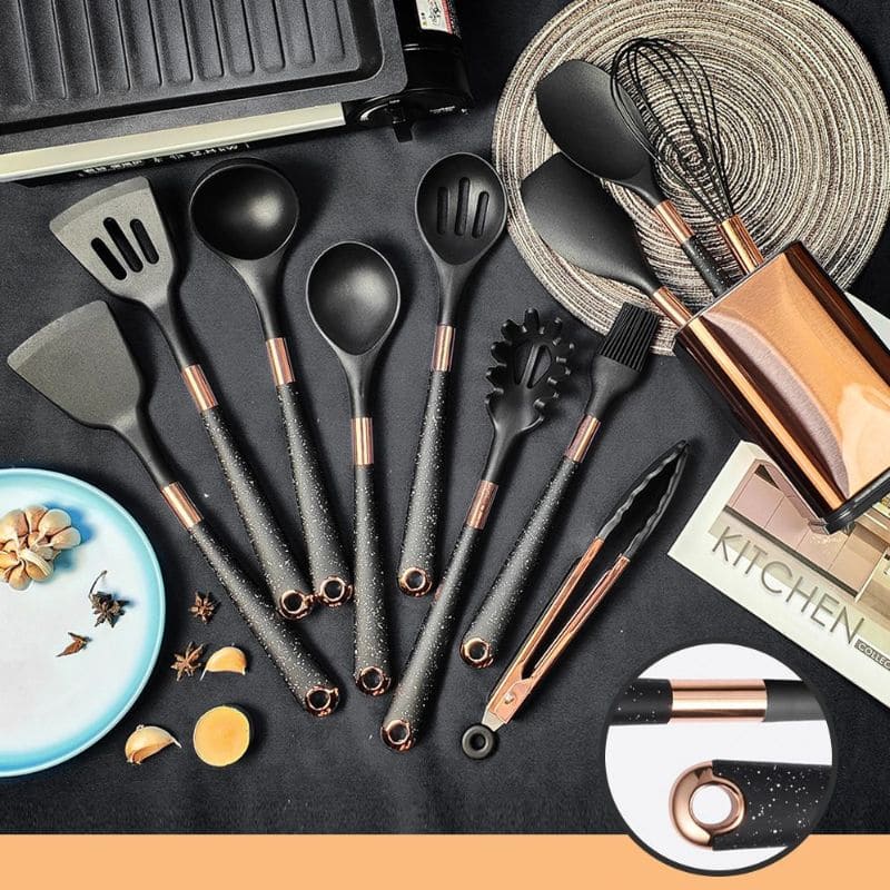 Kit Utensílios de Cozinha Silicone 10 Peças Com Suporte Rosé Inox - Zatto