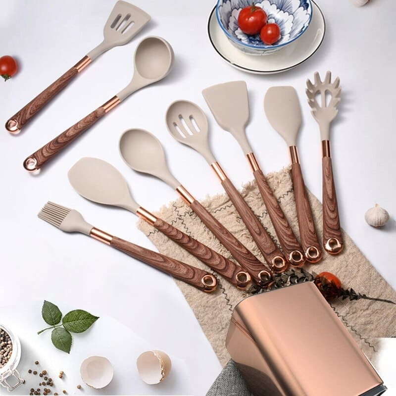 Kit Utensílios de Cozinha Silicone 10 Peças Com Suporte Rosé Inox - Zatto