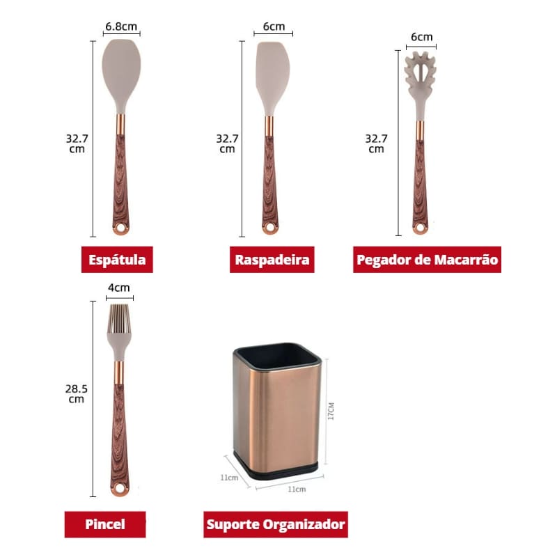 Kit Utensílios de Cozinha Silicone 10 Peças Com Suporte Rosé Inox - Zatto