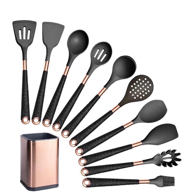 Kit Utensílios de Cozinha Silicone 10 Peças Com Suporte Rosé Inox - Zatto