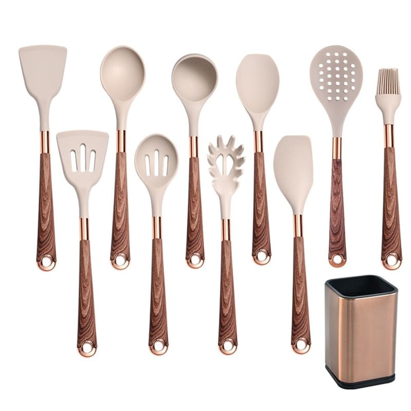 Kit Utensílios de Cozinha Silicone 10 Peças Com Suporte Rosé Inox - Zatto