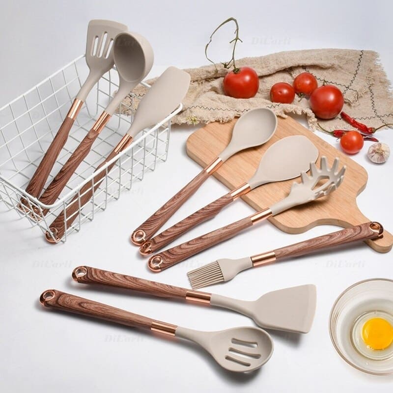 Kit Utensílios de Cozinha Silicone 10 Peças Com Suporte Rosé Inox - Zatto