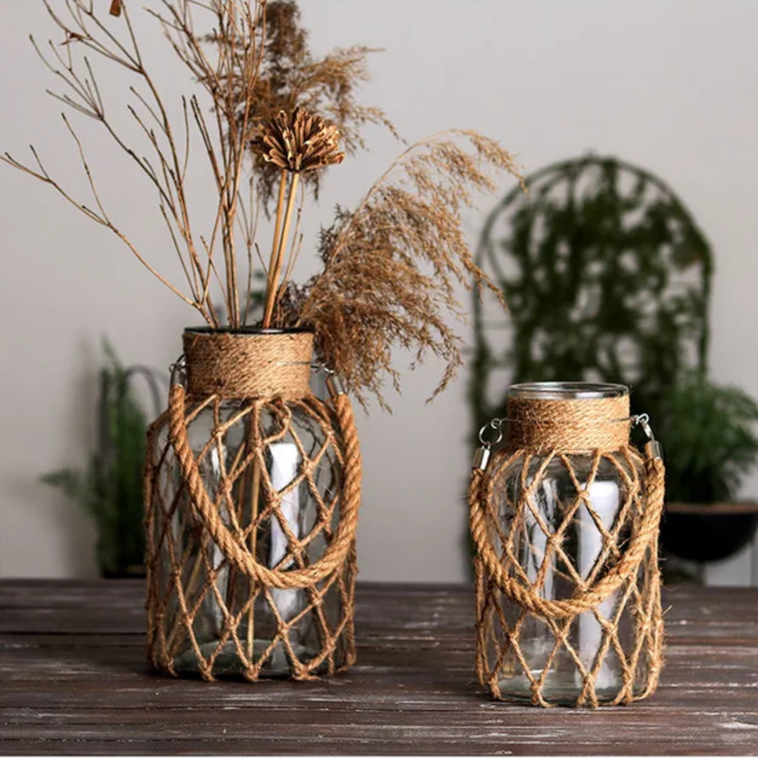 Vaso de Vidro Rústico Decorativo com Corda de Cânhamo - Zatto