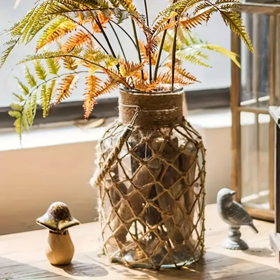 Vaso de Vidro Rústico Decorativo com Corda de Cânhamo - Zatto