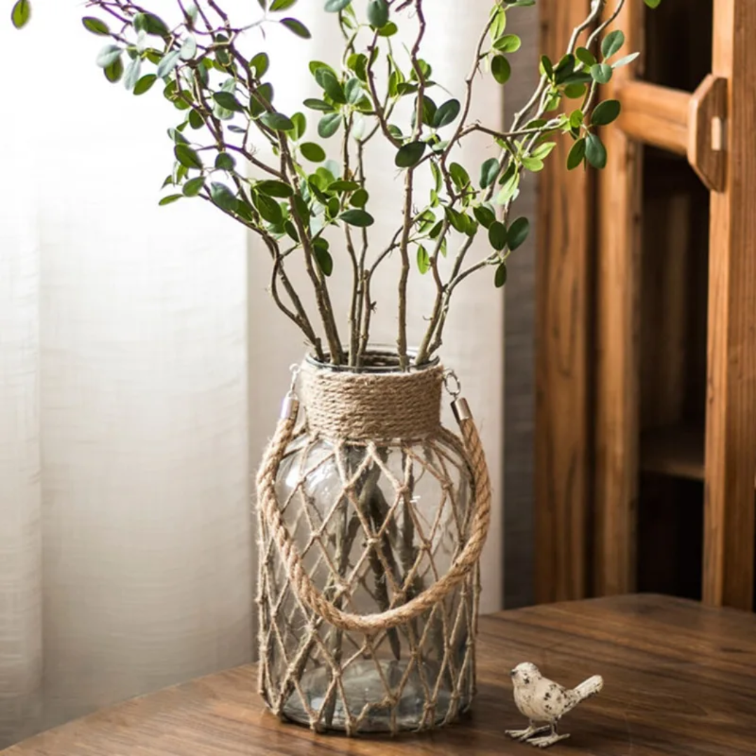 Vaso de Vidro Rústico Decorativo com Corda de Cânhamo - Zatto