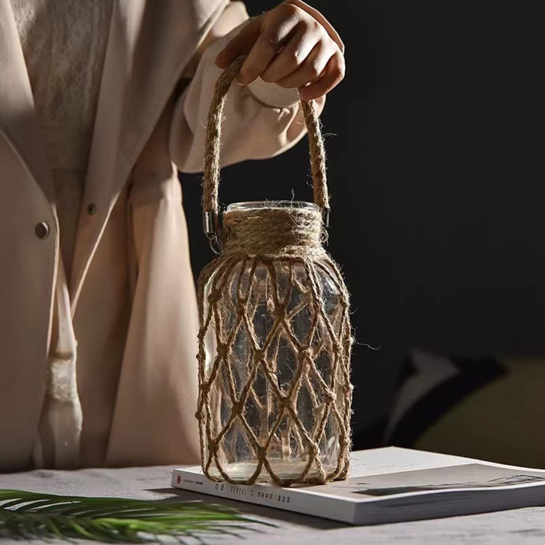 Vaso de Vidro Rústico Decorativo com Corda de Cânhamo - Zatto