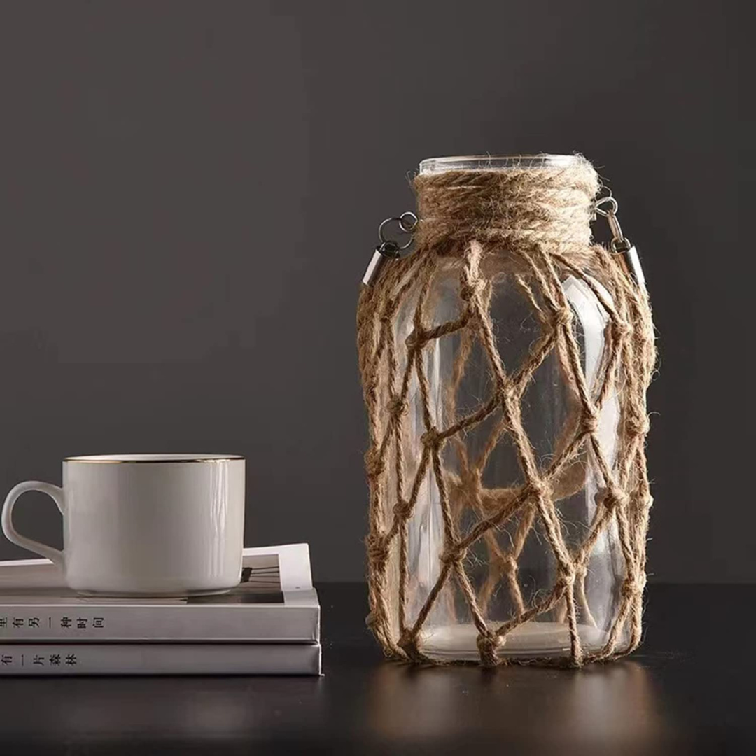 Vaso de Vidro Rústico Decorativo com Corda de Cânhamo - Zatto